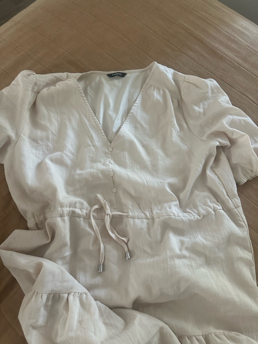 Light Cream V-Neck Button Drawstring Dress